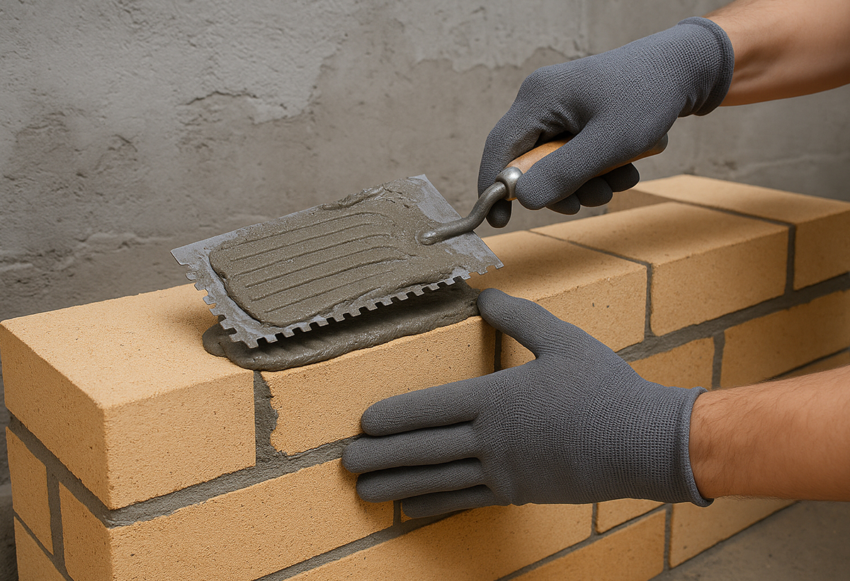 Απεικονίζεται η εφαρμογή του κονιάματος σε τούβλα.